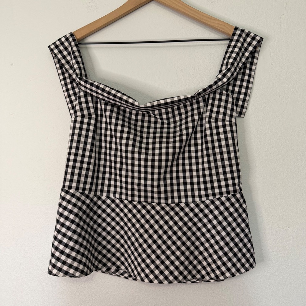 Express - B&W Gingham Plaid Off Shoulder Peplum Top Size 10‎